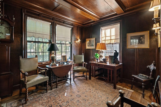 14 Morningside Pl, Memphis, TN 38104 - office area featuring wood ceiling, wood walls, crown molding, beamed ceiling, and wood finished floors