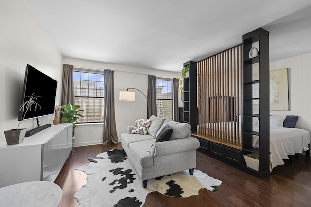 bedroom with multiple windows, dark wood-style flooring, and baseboards