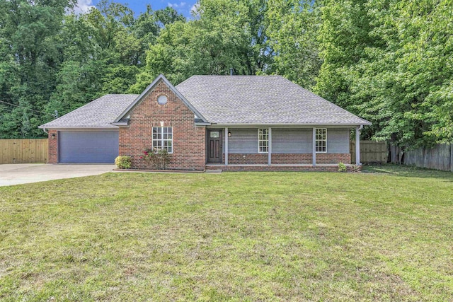 single story home featuring brick siding, driveway, an attached garage, and a shingled roof