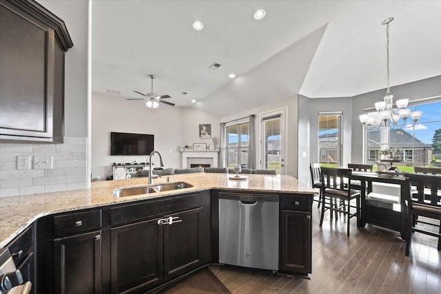 40 Chesnut Spring Dr, Oakland, TN 38060 - kitchen featuring stainless steel dishwasher, a sink, vaulted ceiling, plenty of natural light, and a ceiling fan