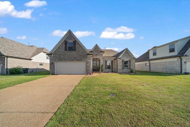 40 Chesnut Spring Dr, Oakland, TN 38060 - french country home featuring driveway, a garage, brick siding, and a front yard