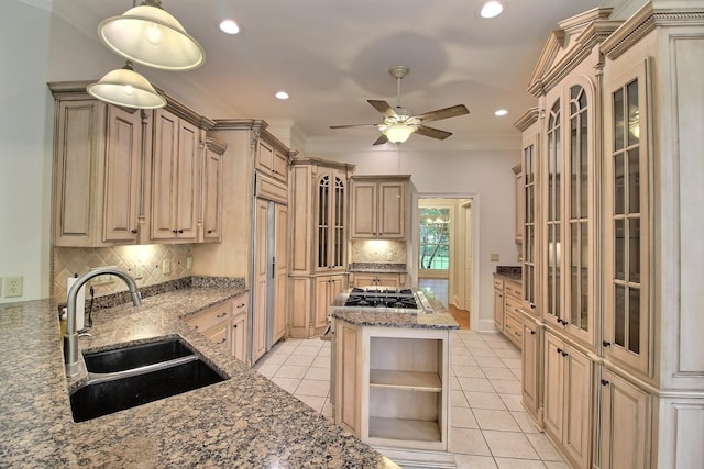 kitchen with a sink, open shelves, a ceiling fan, decorative backsplash, and light tile patterned floors