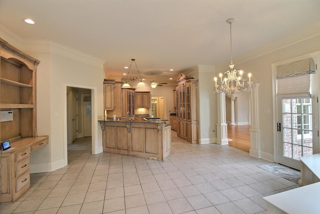 kitchen featuring a peninsula, light tile patterned floors, glass insert cabinets, ornamental molding, and a chandelier