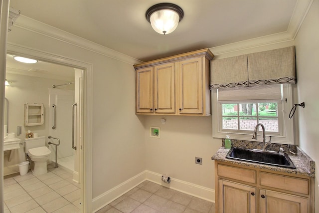 laundry room featuring hookup for an electric dryer, a sink, washer hookup, light tile patterned floors, and crown molding