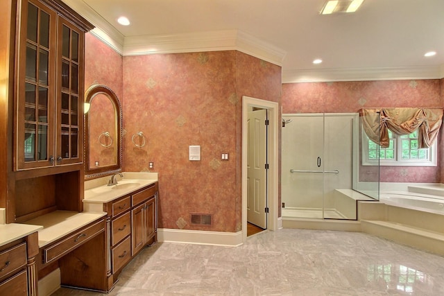 full bathroom with ornamental molding, a shower stall, a bath, baseboards, and vanity