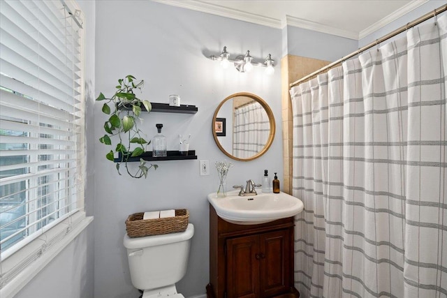 full bath featuring toilet, vanity, crown molding, and a shower with shower curtain