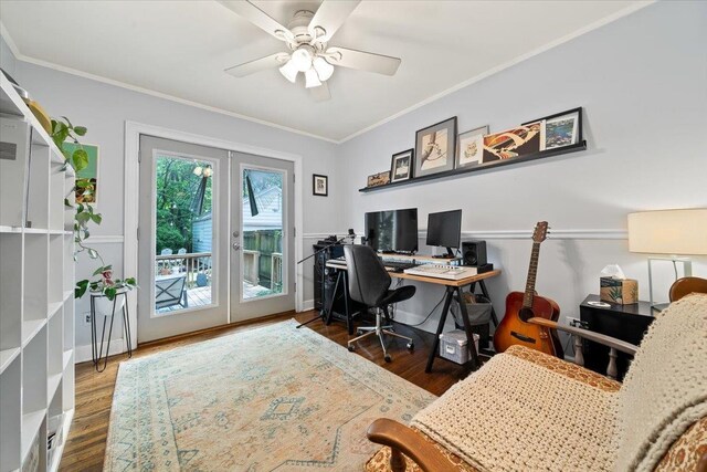 home office with french doors, wood finished floors, crown molding, and a ceiling fan