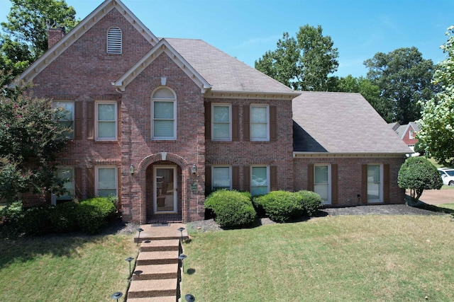 8606 Meadow Green Dr, Memphis, TN 38016 - colonial-style house featuring brick siding, a chimney, a front yard, and roof with shingles