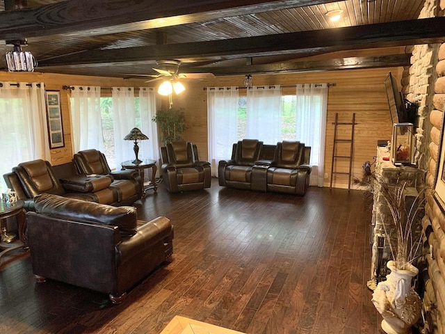 4560 Bishop Rd, Middleton, TN 38052 - living room with dark wood-style floors, beamed ceiling, a ceiling fan, and wooden ceiling