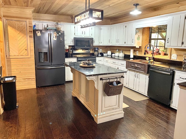4560 Bishop Rd, Middleton, TN 38052 - kitchen featuring stainless steel refrigerator with ice dispenser, black dishwasher, wood ceiling, dark countertops, and electric range