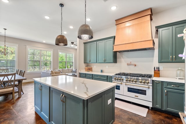 6978 Vaiden Rd, Hernando, MS 38632 - kitchen featuring double oven range, concrete flooring, premium range hood, a center island, and recessed lighting