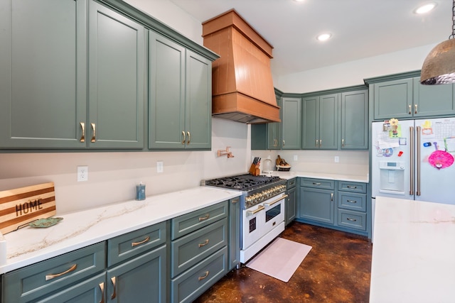 6978 Vaiden Rd, Hernando, MS 38632 - kitchen featuring white appliances, concrete flooring, custom range hood, recessed lighting, and light stone countertops