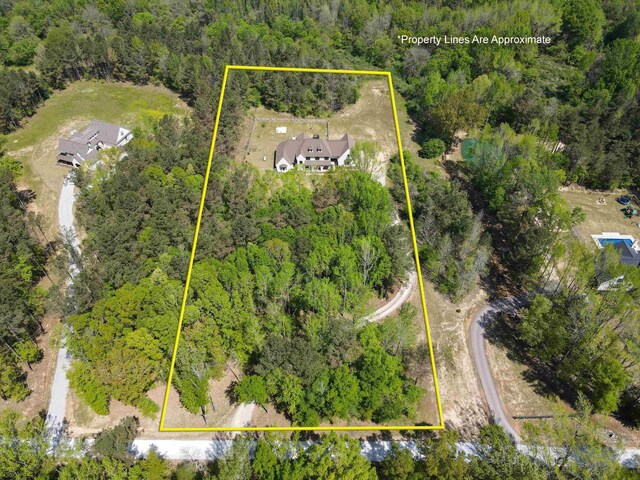 6978 Vaiden Rd, Hernando, MS 38632 - aerial view of property and surrounding area featuring property parcel outlined and a heavily wooded area
