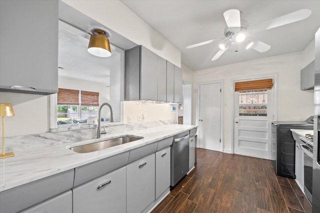 kitchen with a sink, stainless steel appliances, gray cabinetry, and dark wood-style flooring