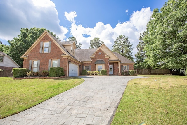 view of front of house featuring brick siding, decorative driveway, a garage, and a shingled roof