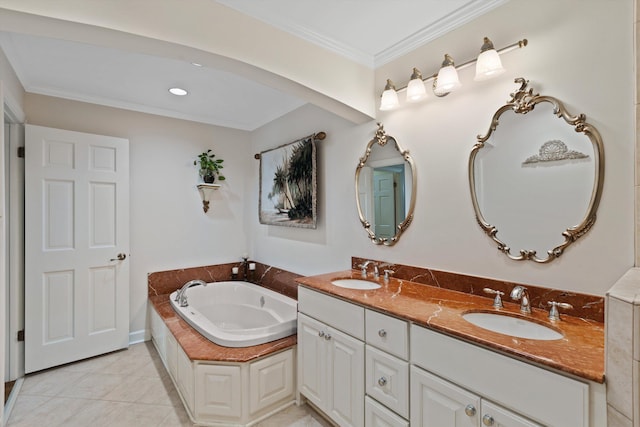 full bath with a garden tub, double vanity, tile patterned flooring, and crown molding