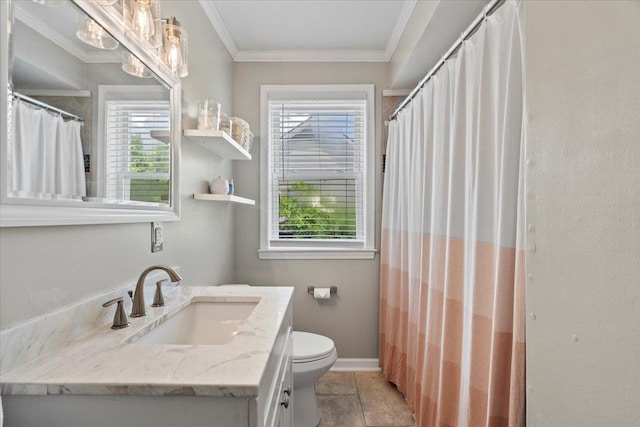 3686 Charleswood Ave, Memphis, TN 38122 - bathroom with toilet, ornamental molding, vanity, tile patterned floors, and baseboards