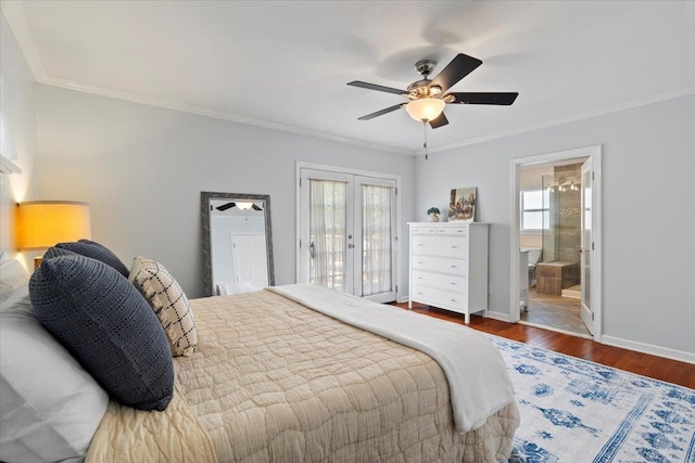 3686 Charleswood Ave, Memphis, TN 38122 - bedroom featuring french doors, crown molding, baseboards, access to outside, and wood finished floors
