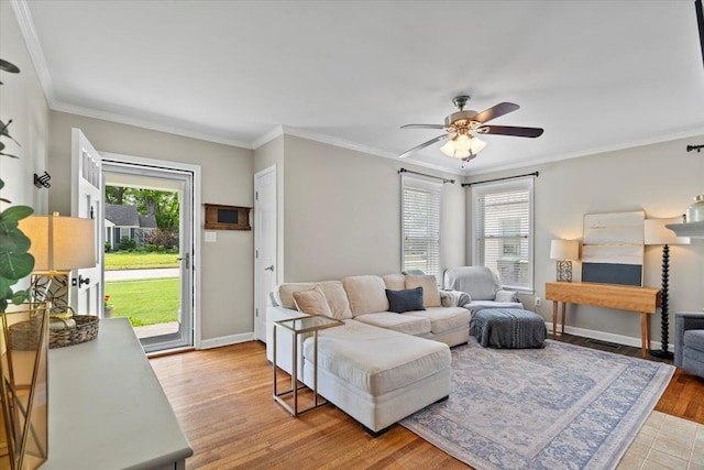 3686 Charleswood Ave, Memphis, TN 38122 - living room featuring plenty of natural light, a ceiling fan, light wood finished floors, crown molding, and baseboards
