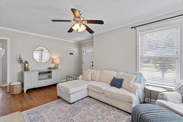 3686 Charleswood Ave, Memphis, TN 38122 - living room with a ceiling fan, ornamental molding, and wood finished floors
