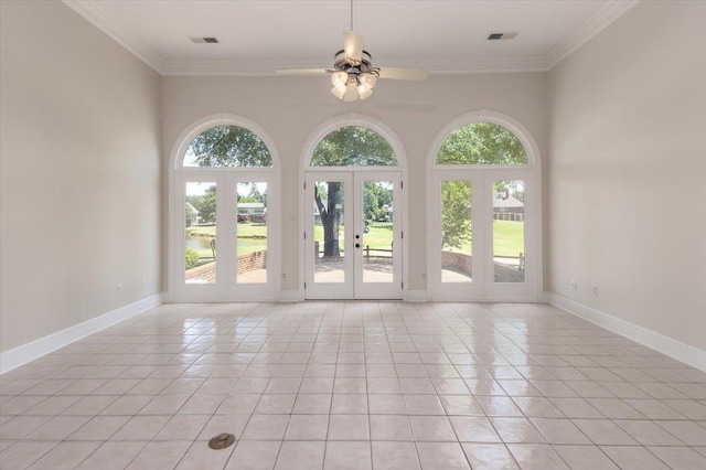 10336 Hatcher Patch Cv, Collierville, TN 38017 - unfurnished room featuring french doors, light tile patterned floors, a ceiling fan, crown molding, and baseboards