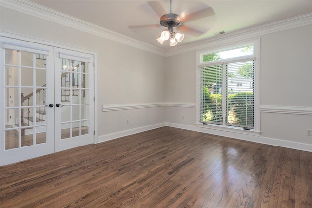 10336 Hatcher Patch Cv, Collierville, TN 38017 - spare room featuring french doors, dark wood-style floors, ornamental molding, a ceiling fan, and baseboards