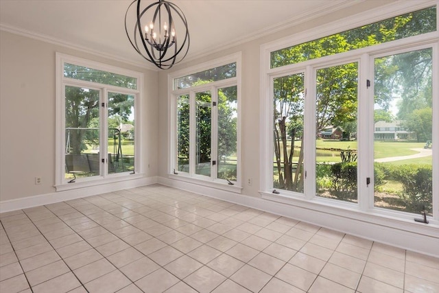 10336 Hatcher Patch Cv, Collierville, TN 38017 - unfurnished sunroom with a chandelier, tile patterned flooring, crown molding, plenty of natural light, and baseboards