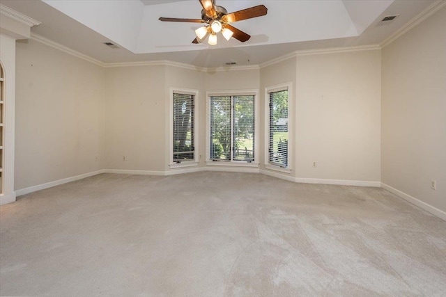 10336 Hatcher Patch Cv, Collierville, TN 38017 - spare room featuring light carpet, a ceiling fan, a tray ceiling, baseboards, and ornamental molding