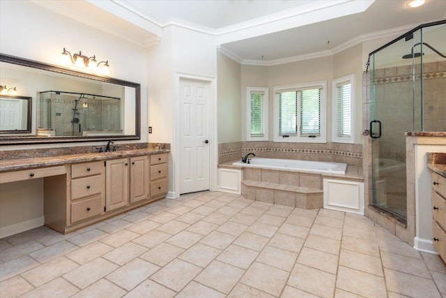 10336 Hatcher Patch Cv, Collierville, TN 38017 - bathroom with a garden tub, a stall shower, tile patterned floors, vanity, and ornamental molding