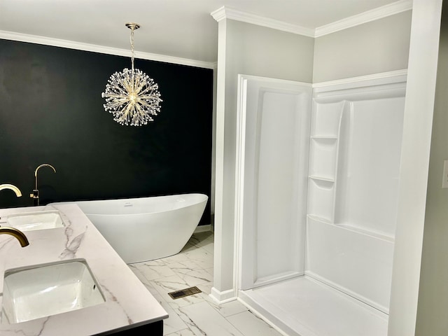 4403 W 19th Hwy, Ripley, TN 38063 - bathroom featuring marble finish floors, ornamental molding, a freestanding tub, baseboards, and a chandelier