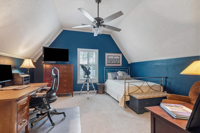 8792 E Carrollwood Ln E, Memphis, TN 38016 - bedroom featuring a textured ceiling, an office area, light colored carpet, vaulted ceiling, and ceiling fan