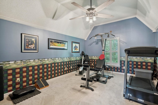 8792 E Carrollwood Ln E, Memphis, TN 38016 - exercise area featuring vaulted ceiling, carpet, a ceiling fan, and crown molding
