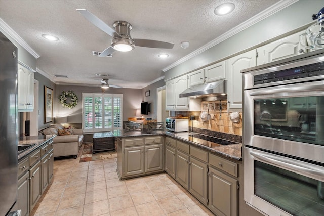 8792 E Carrollwood Ln E, Memphis, TN 38016 - kitchen featuring ceiling fan, appliances with stainless steel finishes, a textured ceiling, under cabinet range hood, and a peninsula
