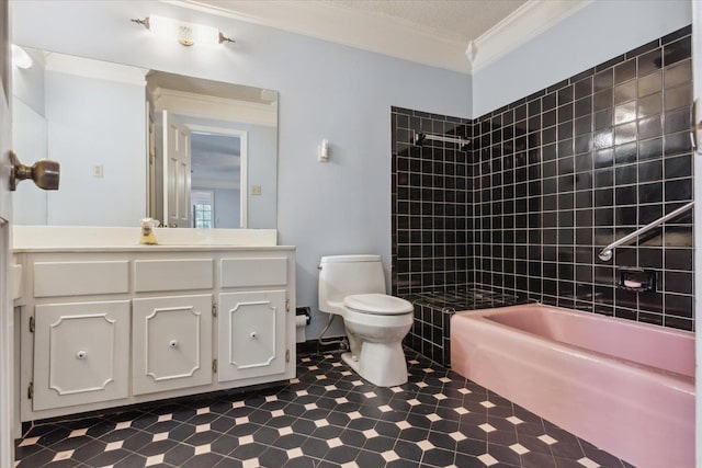 full bathroom with tile patterned floors, crown molding, toilet, and vanity