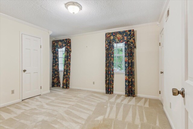 carpeted spare room featuring ornamental molding, a textured ceiling, plenty of natural light, and baseboards