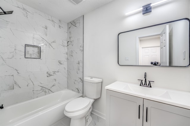 full bath with toilet, vanity, baseboards, a textured ceiling, and marble look tiles