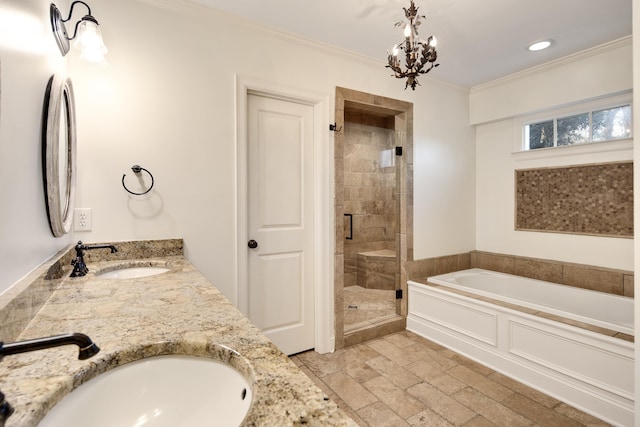 3850 Poplar Ave, Memphis, TN 38111 - full bathroom featuring a bath, a shower stall, ornamental molding, double vanity, and recessed lighting