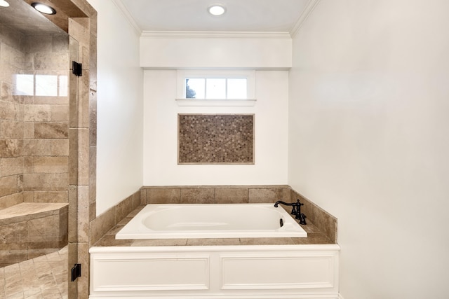 3850 Poplar Ave, Memphis, TN 38111 - bathroom featuring a bath, crown molding, and a stall shower