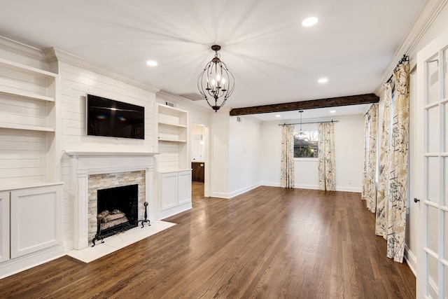 3850 Poplar Ave, Memphis, TN 38111 - unfurnished living room featuring a chandelier, recessed lighting, dark wood-style flooring, baseboards, and a fireplace