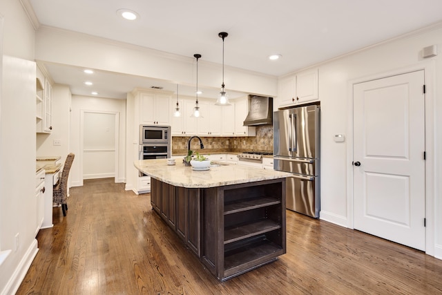 3850 Poplar Ave, Memphis, TN 38111 - kitchen featuring appliances with stainless steel finishes, open shelves, wall chimney exhaust hood, a sink, and white cabinets