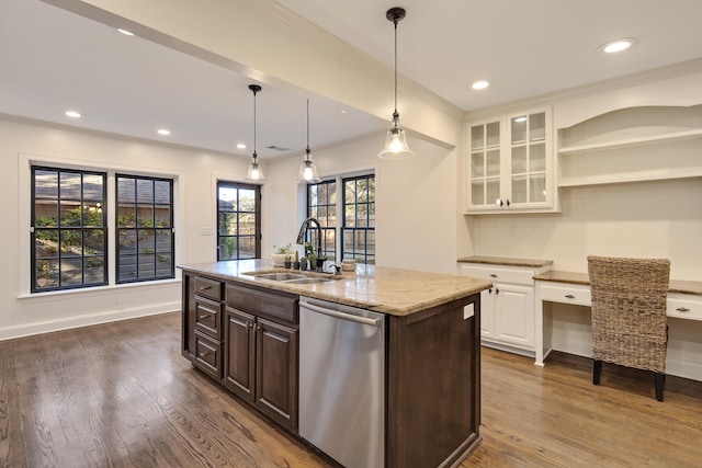 3850 Poplar Ave, Memphis, TN 38111 - kitchen featuring stainless steel dishwasher, a sink, dark brown cabinets, dark wood-style floors, and glass insert cabinets