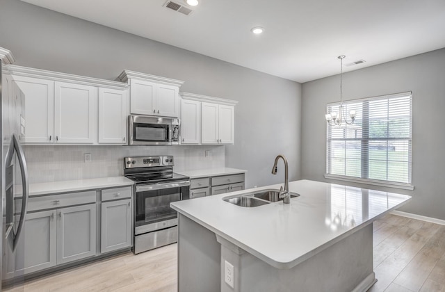 135 Briar Hollow Ln, Oakland, TN 38060 - kitchen featuring stainless steel appliances, a sink, a chandelier, light countertops, and backsplash