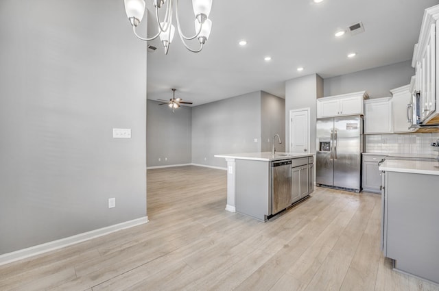 135 Briar Hollow Ln, Oakland, TN 38060 - kitchen with stainless steel appliances, a sink, an island with sink, a ceiling fan, and light countertops