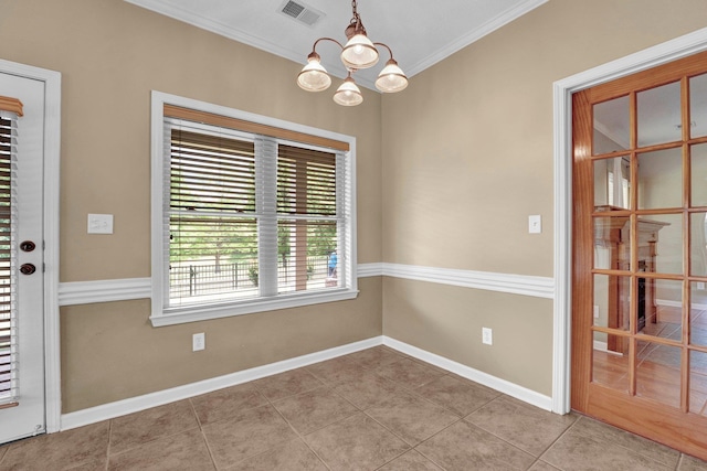 unfurnished dining area featuring a chandelier, crown molding, tile patterned floors, and baseboards