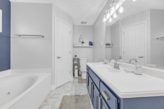 full bathroom with toilet, a bath, marble finish floors, and vanity