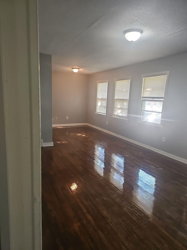 spare room with plenty of natural light, baseboards, wood finished floors, and a textured ceiling