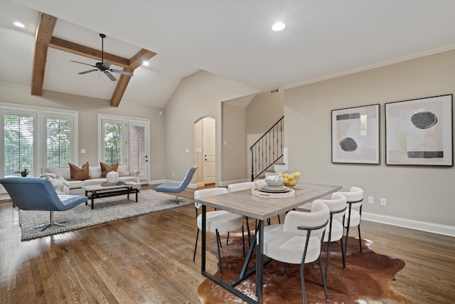 984 Russell Farms Rd, Collierville, TN 38017 - dining area featuring wood finished floors, stairway, baseboards, ceiling fan, and arched walkways