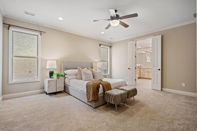 984 Russell Farms Rd, Collierville, TN 38017 - bedroom with light carpet, ornamental molding, baseboards, recessed lighting, and connected bathroom