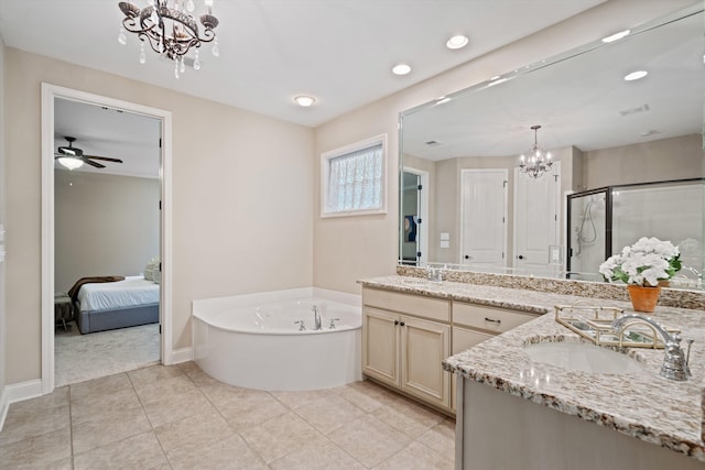 984 Russell Farms Rd, Collierville, TN 38017 - bathroom with a chandelier, a stall shower, a bath, recessed lighting, and tile patterned flooring