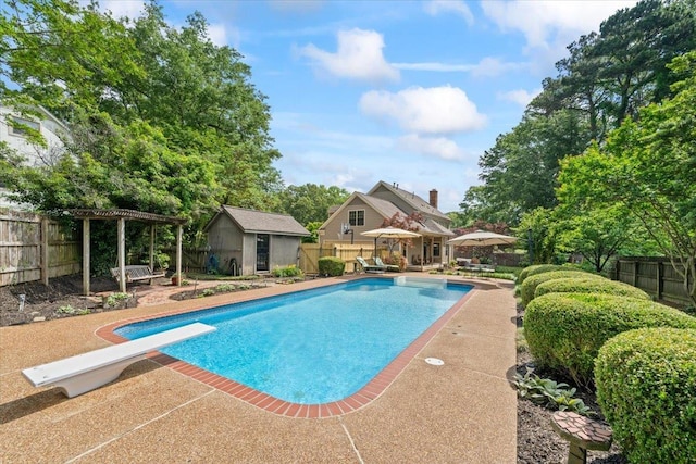 view of swimming pool featuring a gazebo, a diving board, a pergola, an outbuilding, and a fenced backyard